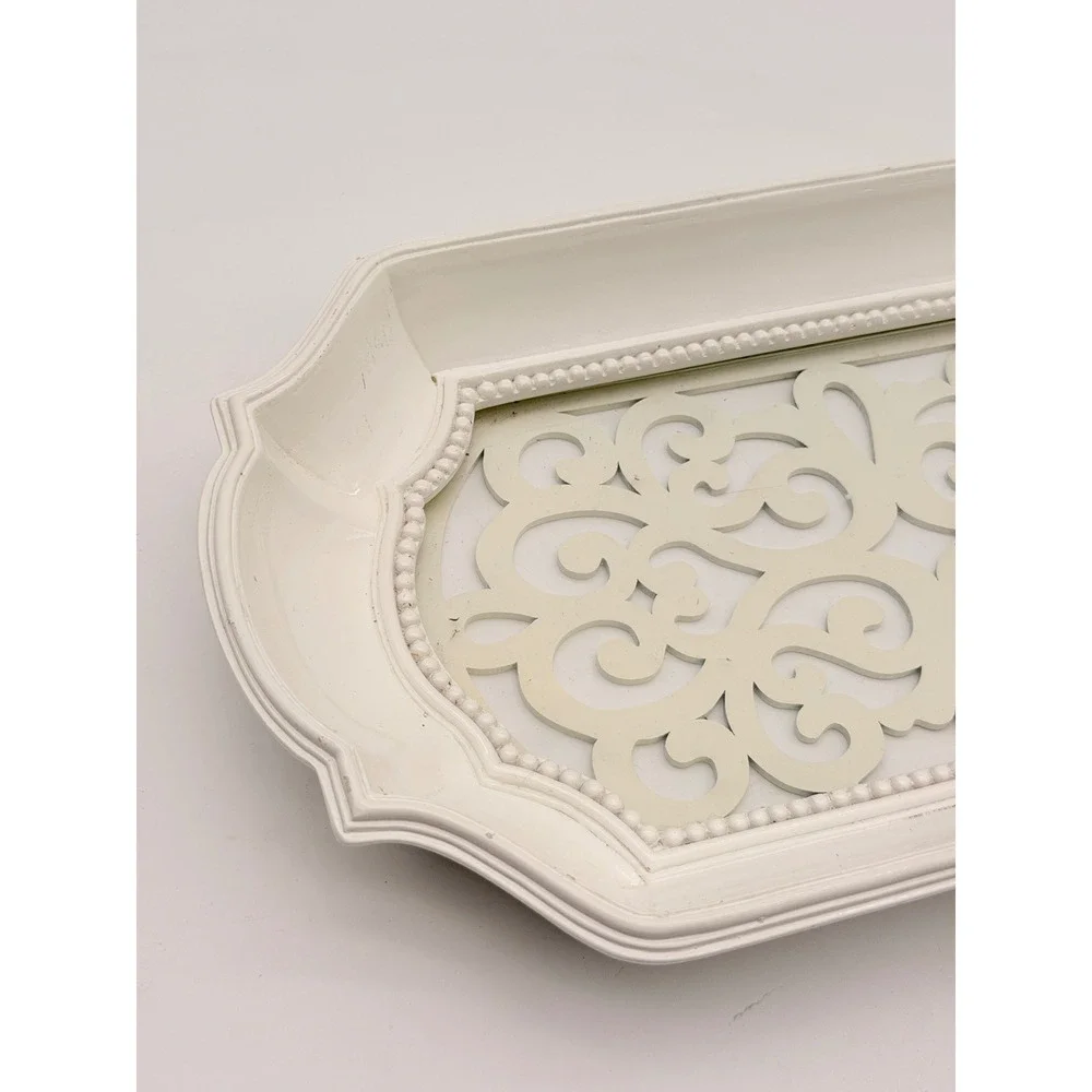 Cream White Metal Scrollwork Mirror Vanity Tray Beaded Edge French Country 15in